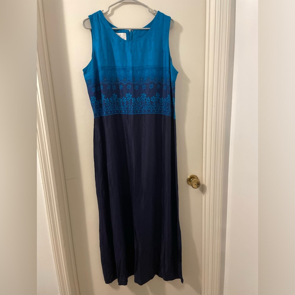Vintage 90’s Sarah Elizabeth Teal and Navy Sheath Floral and Beading Maxi Dress